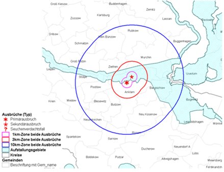 Die zeigt die Sperrzonen rund um die H5N8-Ausbrüche in Anklam.