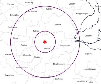 Sperr- und Beobachtungsgebiet um den neuen H5N8-Ausbruchsort Anklam/Mecklenburg-Vorpommern.