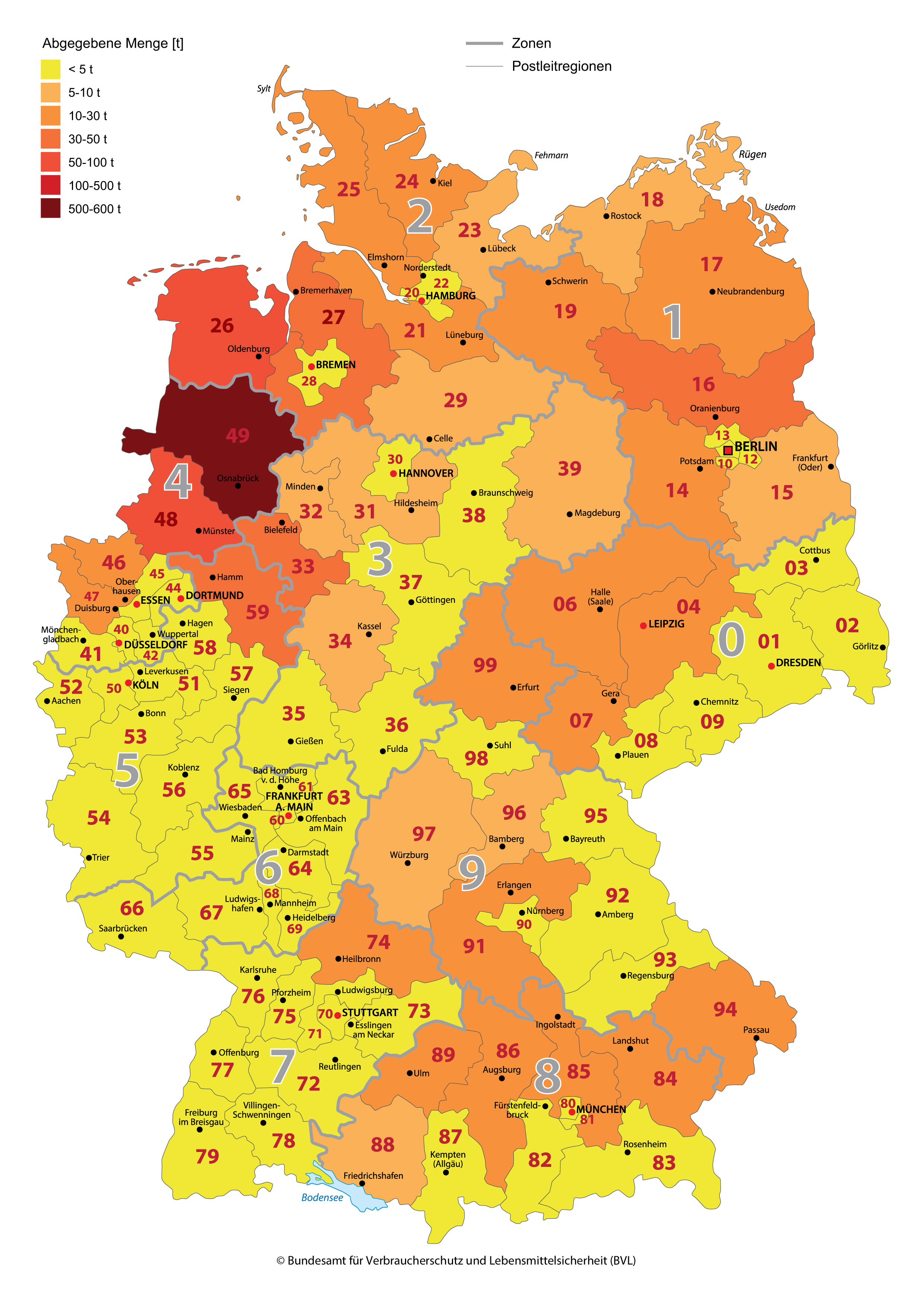 Grafik der Antibiotikamengen 2014 nach Postleitzahlen. (© Bundesamt für Verbraucherschutz und Lebensmittelsicherheit (BVL))