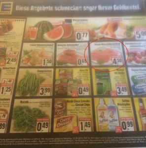 Ramschpreise? Kilopreis Schweinesschnitzel für 4,50 € – EDEKA selbst kann es sogar noch billiger als seine Discounttochter Netto (Kilopreis 5,15 €). (© Thomas Ostendorf via Twitter)