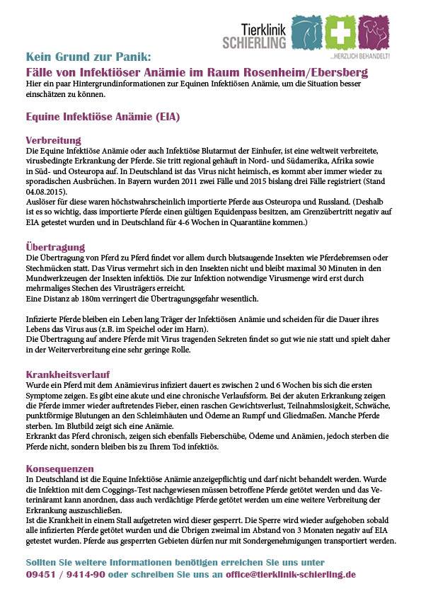 Via Facebook informierte die Tierklinik Schierling ihre Kunden über die Risiken einer EIA-Ausbreitung. (© Tierklinik Schierling)