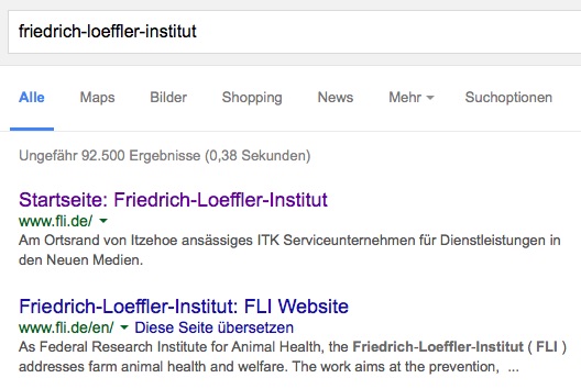 Google hat noch nicht gelernt, dass die neue FLI-Adresse nicht (mehr) zu einer privaten IT-Firma gehört? (screenshot: 10.12.2015)