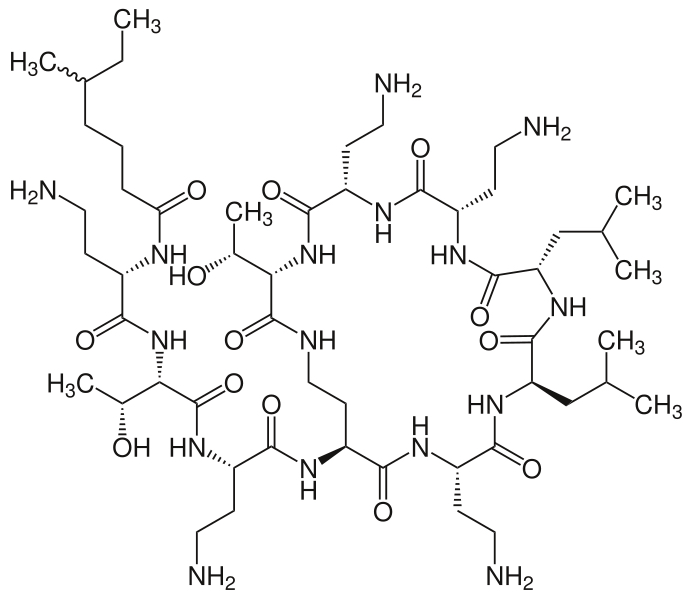 Colistin: Es gibt keine neue Resistenz, aber einen neu entdeckten Übertragungsweg. (Bild: Strukturformel © Leyo/wikipedia)