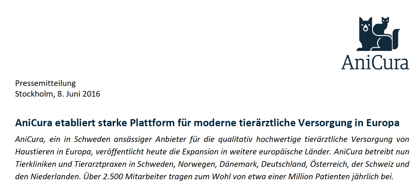 Als Anbieter, der einen "spürbaren positiven Einfluß auf die Qualität tiermedizinischer Versorgung" hat - so sieht sich AniCura in Europa. (© AniCura-Pressemeldung Juni 2016)