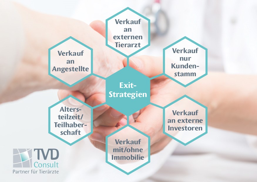 Grafik mit Achbegriffen zum Tierarztruhestand und Praxisübergabe