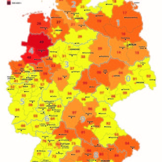 Verteilung der an Tierärzte gelieferten Antibiotikamenge nach Postleitzahlbezirken. Die "roten" Bereiche haben auch die höchste Nutztierdichte.