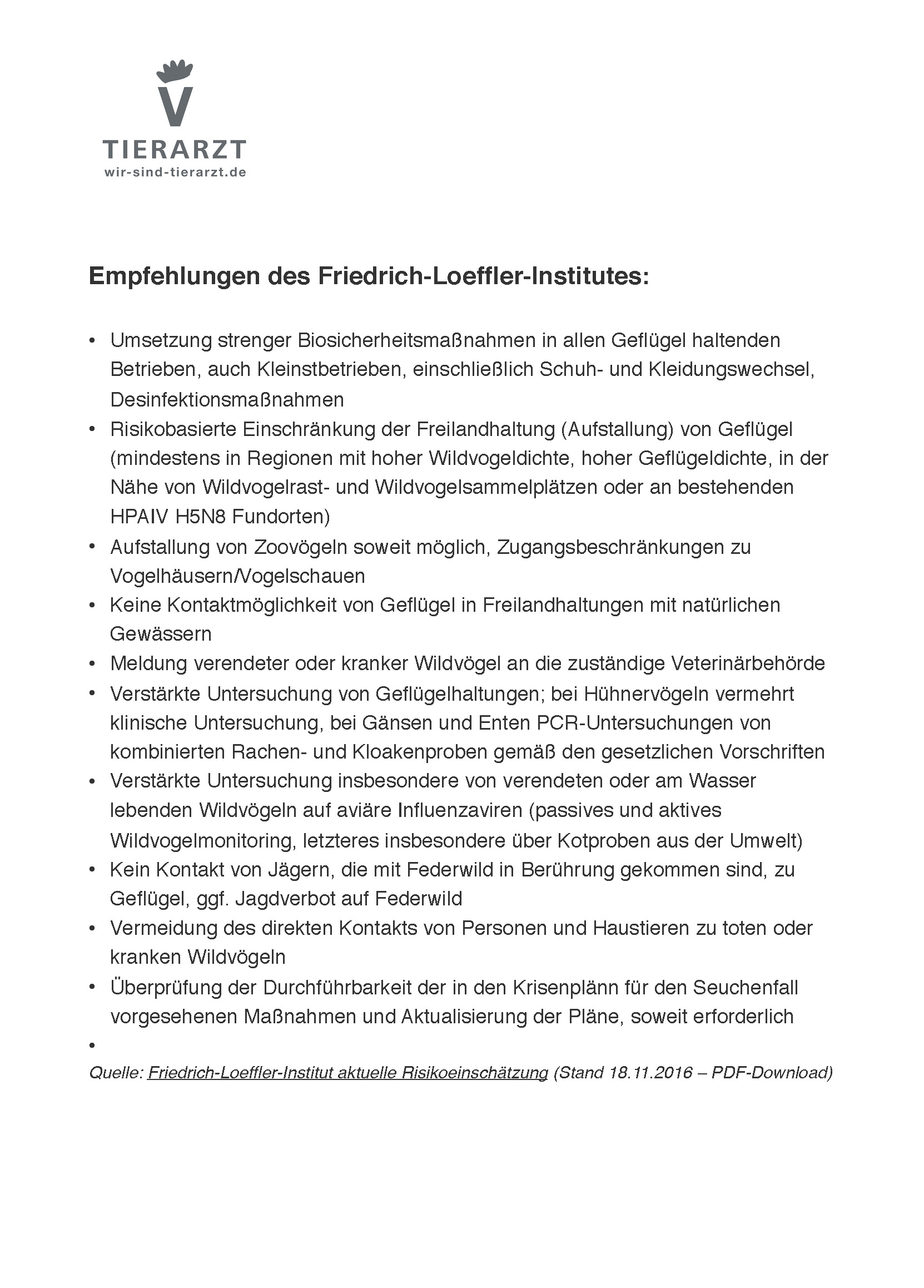 Aktuelle Empfehlungen des FLI zur Vorbeugung von H5N8-Infektionen (PDF-Download hier) © FLI