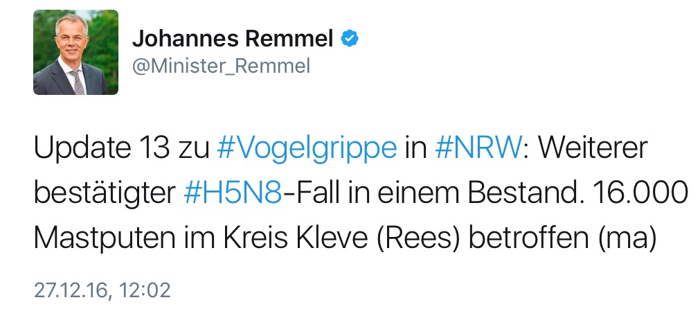 Neuer Vogelgrippefall in NRW, Kreis Kleve. (Foto: Screenshot Tweet.NRW.Remmel)