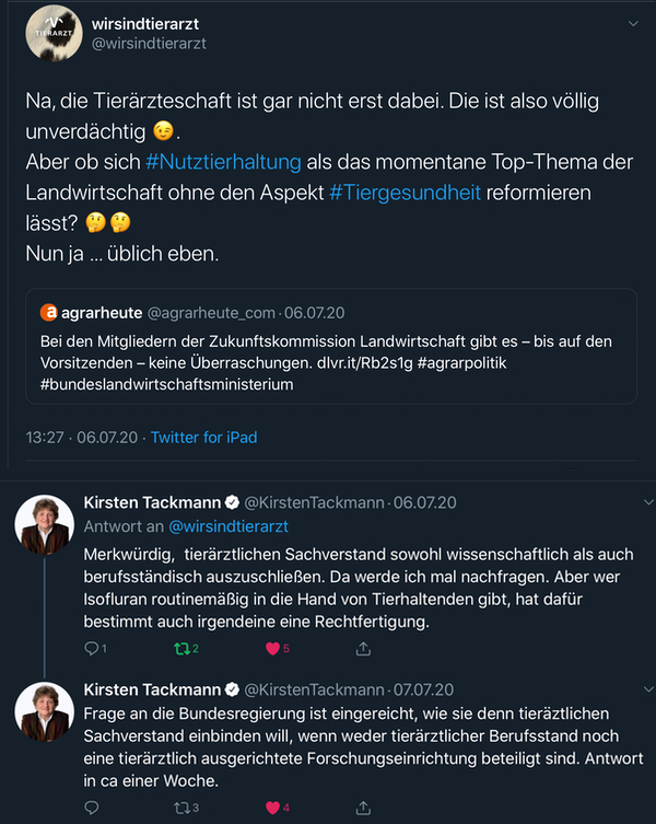 Twitterdialog wir-sind-tierarzt und MdB Kirsten Tackmann