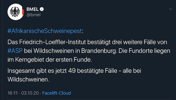 BMEL-Tweet mit der Bestätigung für drei weitere ASP-Nachweise in Brandenburg – Gesamtzahl 49