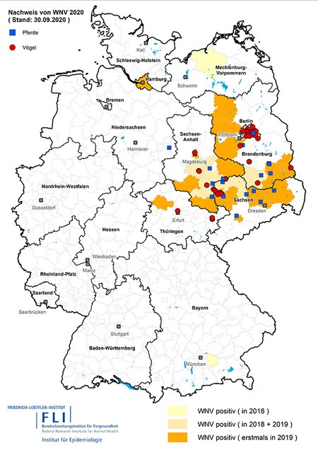 Karte der West Nil Virus Verbreitung seit 2018