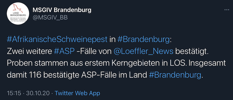 Tweet des MSGIV-Brandenburg mit aktueller ASP-Fallzahl (116 / Stand 30.20.2020)