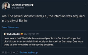 Tweet Christian Drosten bestätigt West-Nil-infektion in Berlin