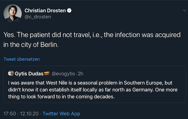 Tweet Christian Drosten bestätigt West-Nil-infektion in Berlin